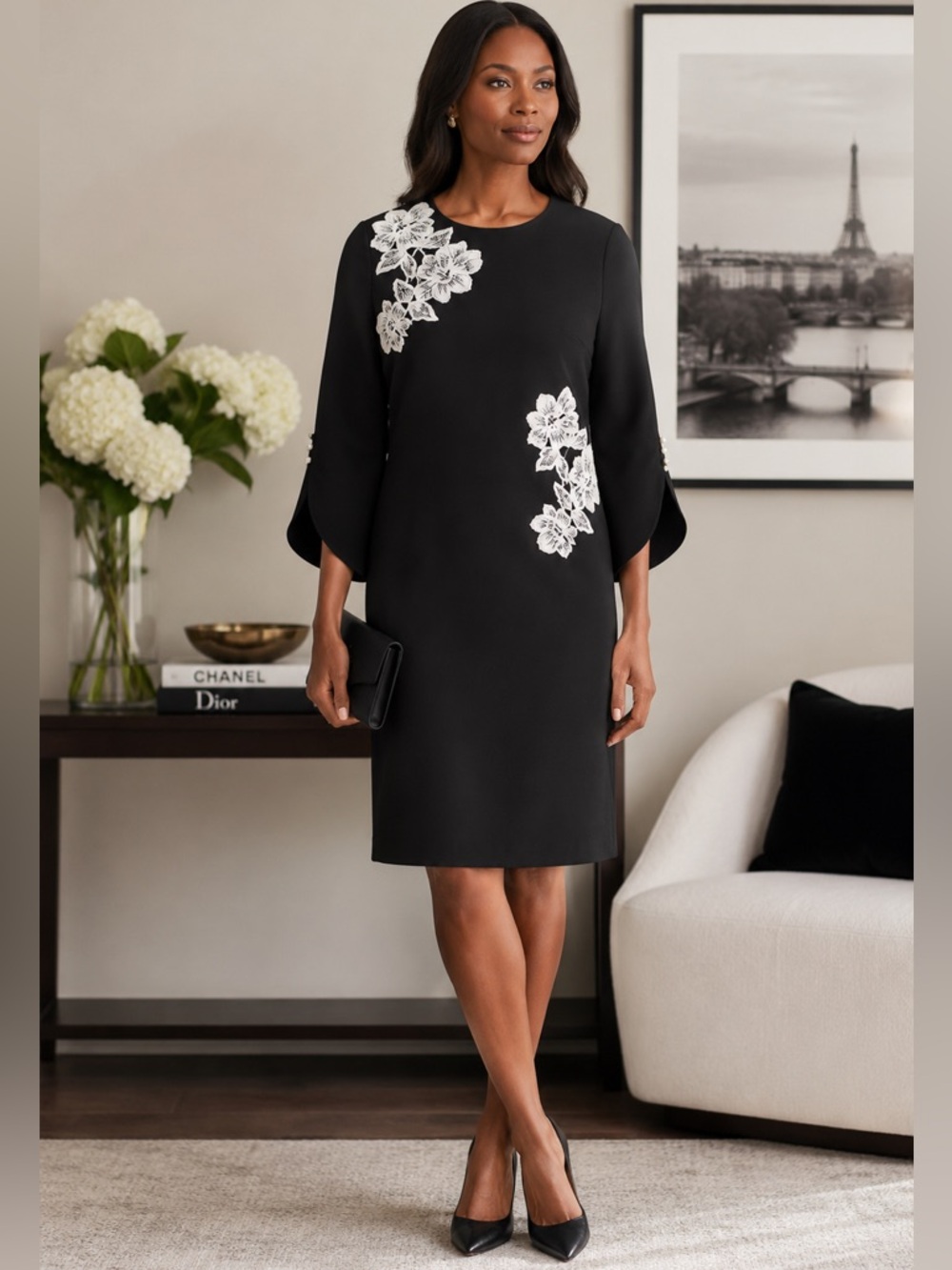 Rickie Freeman Teri Jon Lace Floral Appliqué Black Knee Length Dress Women's 14